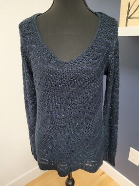 38 - Le Château Navy Sequin Open Knit Scoop Neck Sweater – Size XS